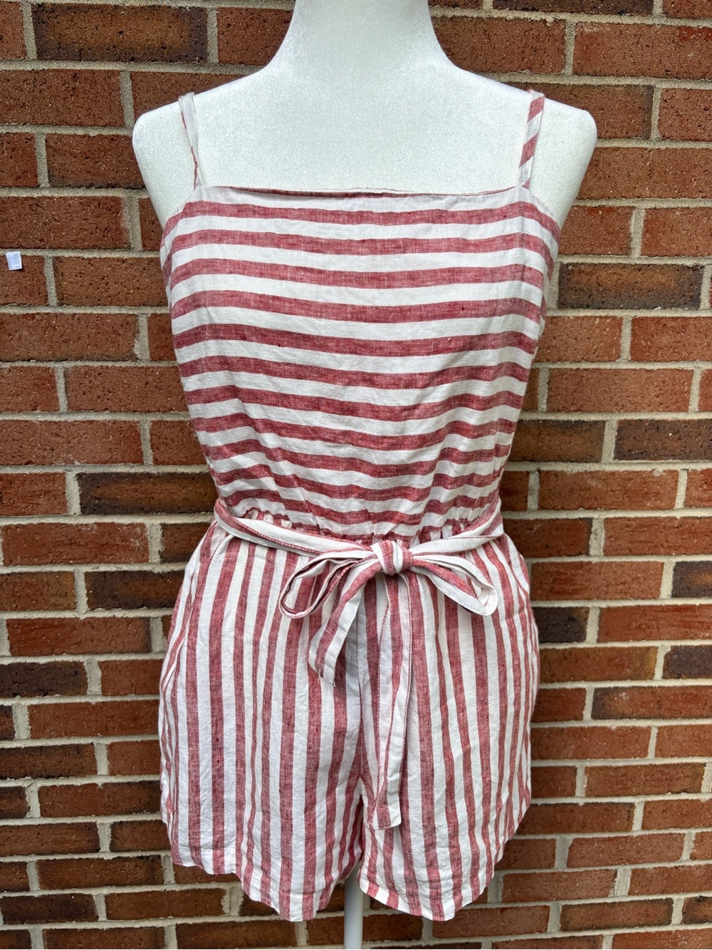 C&C California 100% Linen Red & White Striped Tie Waist Romper | Size 10